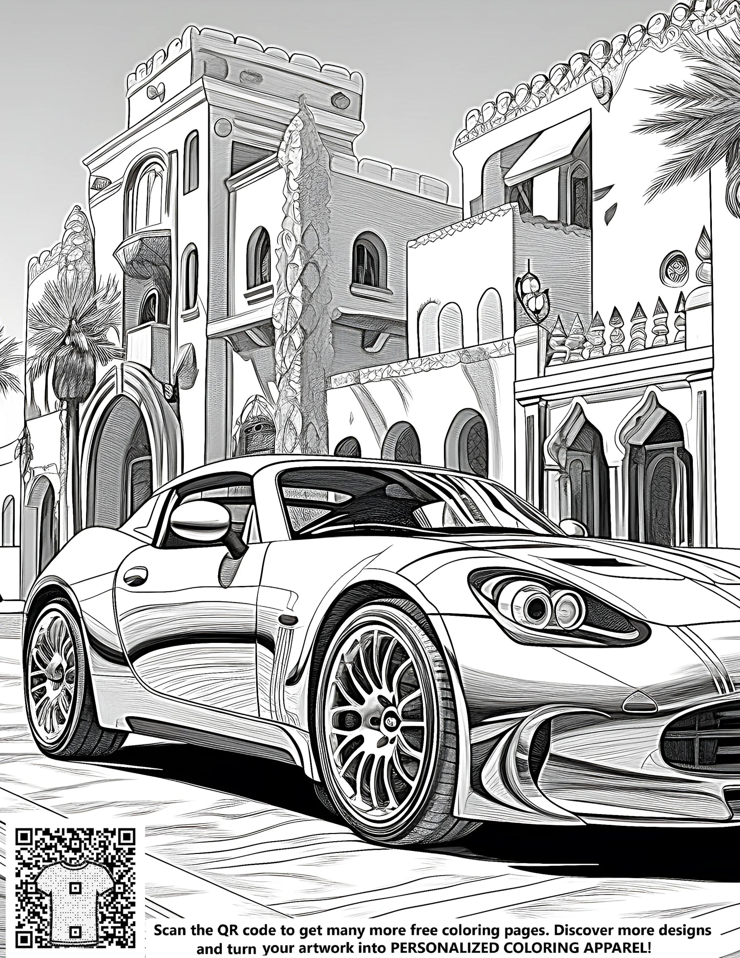 Coloring page of an intricately detailed sports car parked on a street with grand architectural buildings and palm trees