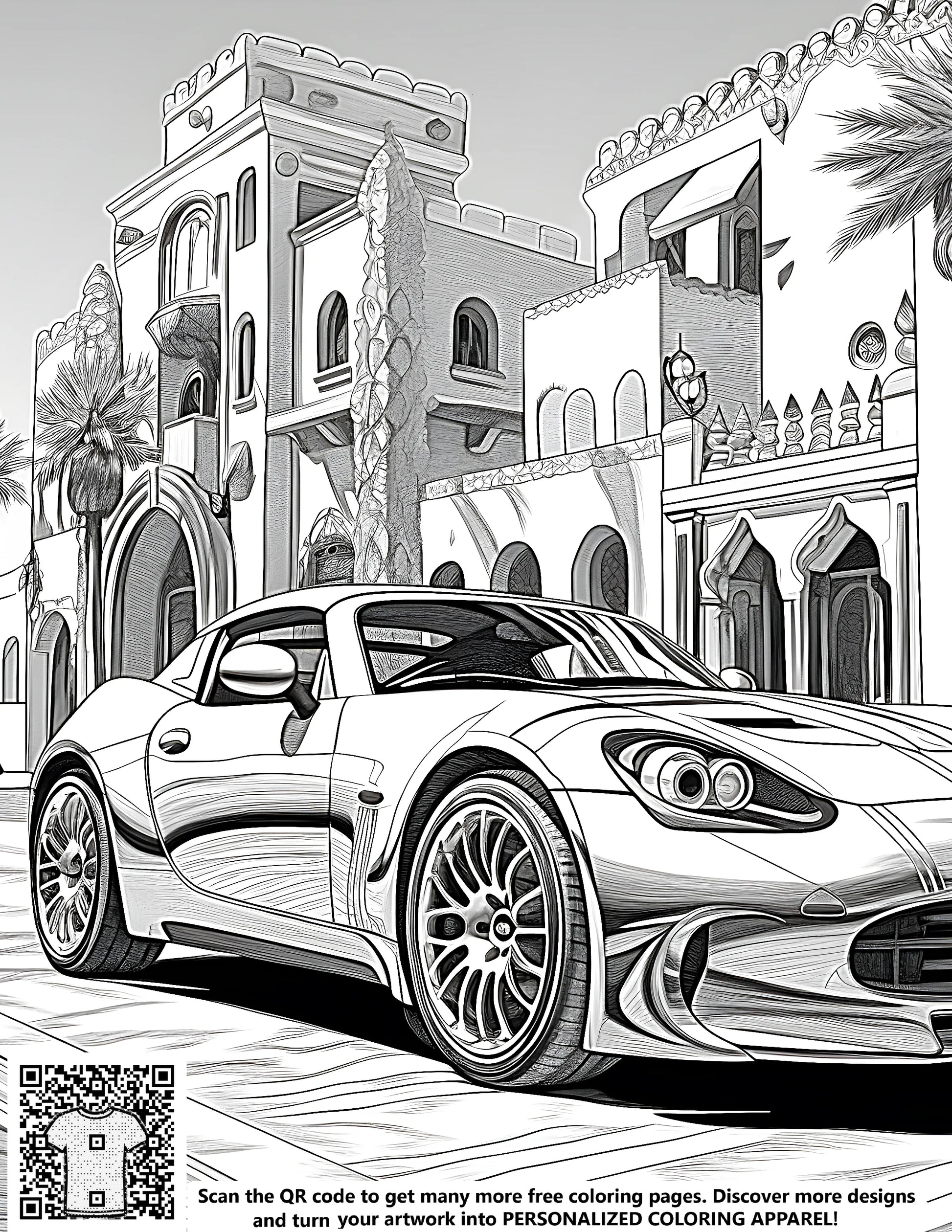 Coloring page of an intricately detailed sports car parked on a street with grand architectural buildings and palm trees