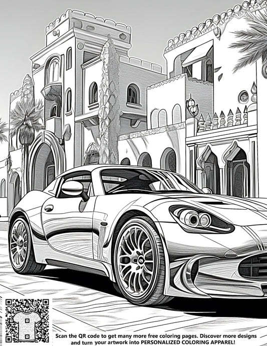 Coloring page of an intricately detailed sports car parked on a street with grand architectural buildings and palm trees