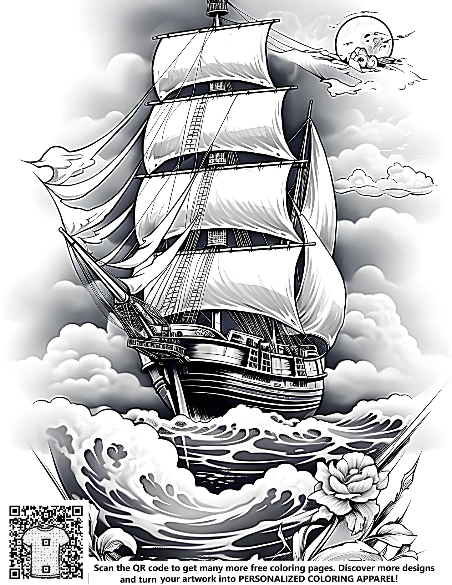 Free coloring page of a detailed sailing vessel or boat at sea with moon and flowers