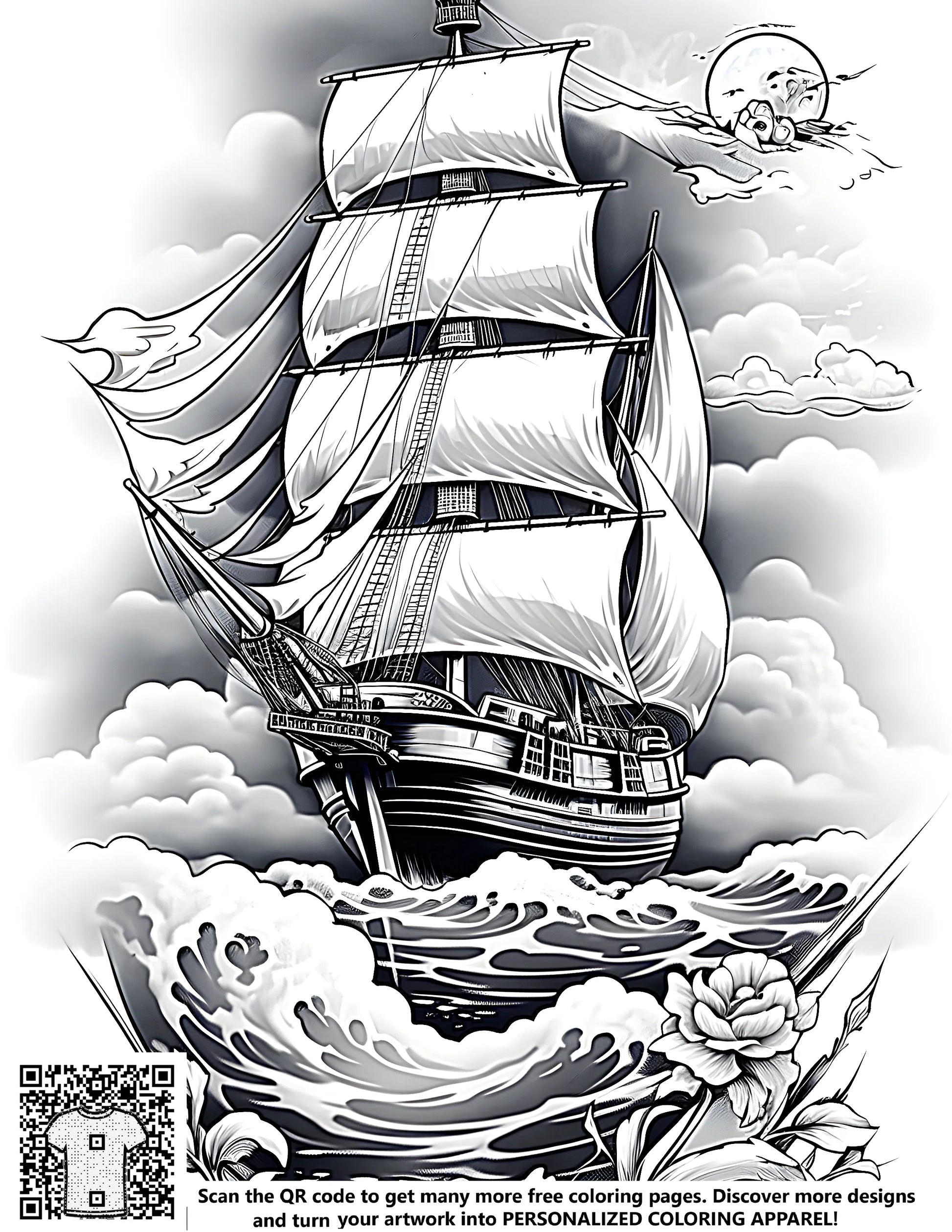 Free coloring page of a detailed sailing vessel or boat at sea with moon and flowers