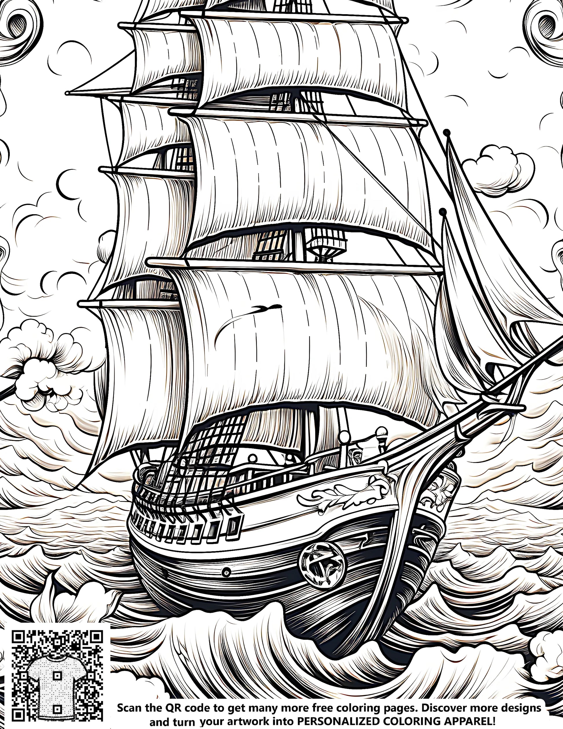 Free coloring page of an illustration of a detailed sailboat with large sails, navigating through rough ocean waves under a cloudy sky. Perfect for kids and adults alike.