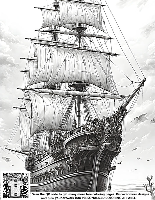 FREE Pirate Ship Coloring Page - Printable Vintage Sailing Ship Download