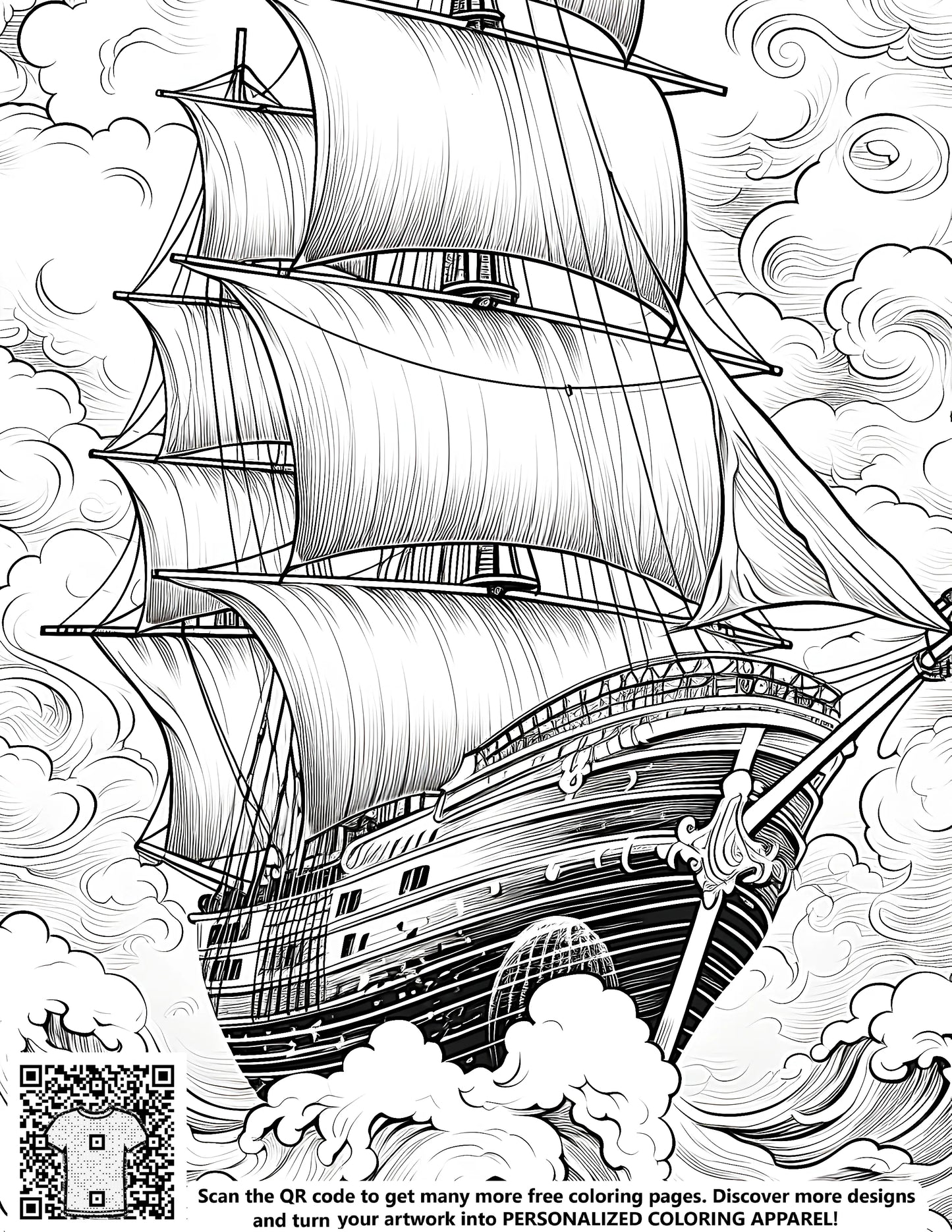 FREE Historical Ship Coloring Page - Printable Detailed Drawing of Ship with Sails in Turbulent Ocean