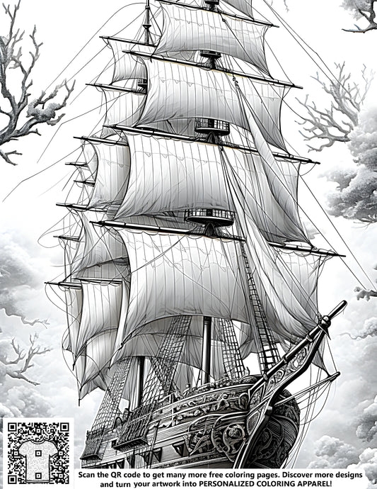 FREE Historic Sailing Ship Coloring Page - Detailed Black and White Illustration - Printable Download