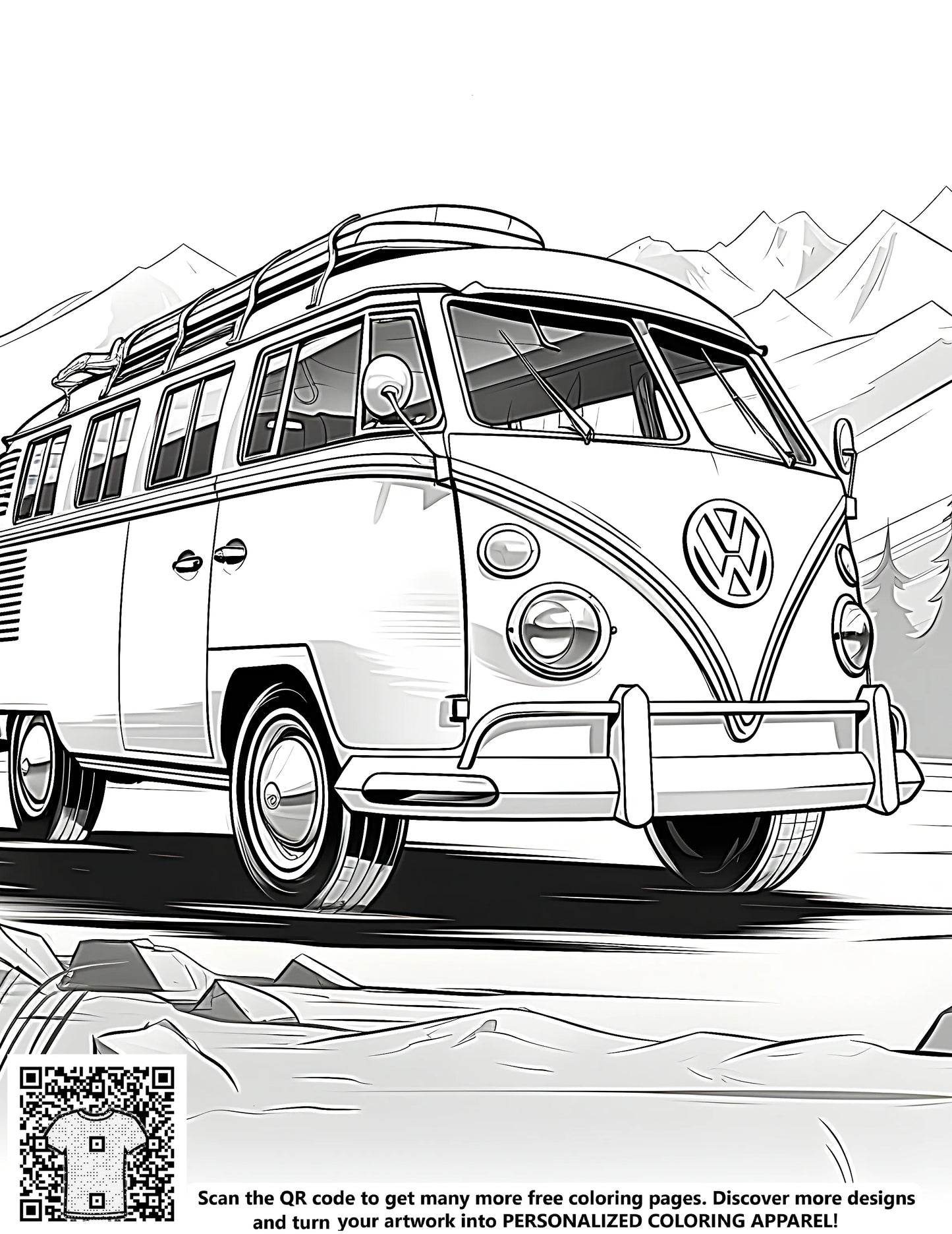 Free coloring page featuring a vintage van driving through mountains, perfect for kids and adults alike.