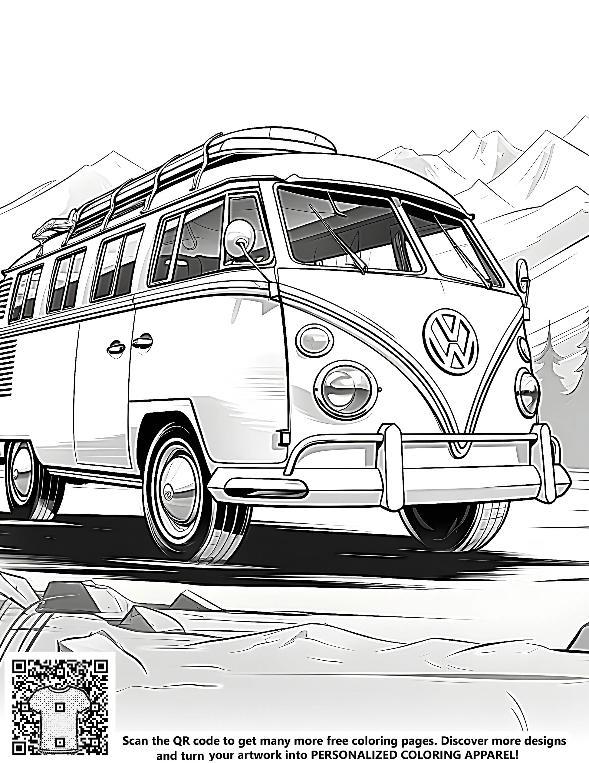 Free coloring page featuring a vintage van driving through mountains, perfect for kids and adults alike.