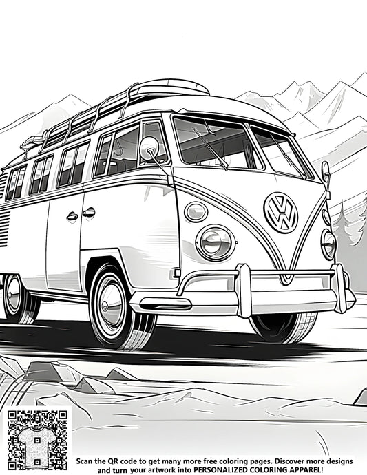 FREE Classic Van in Scenic Mountains Coloring Page - Download NOW