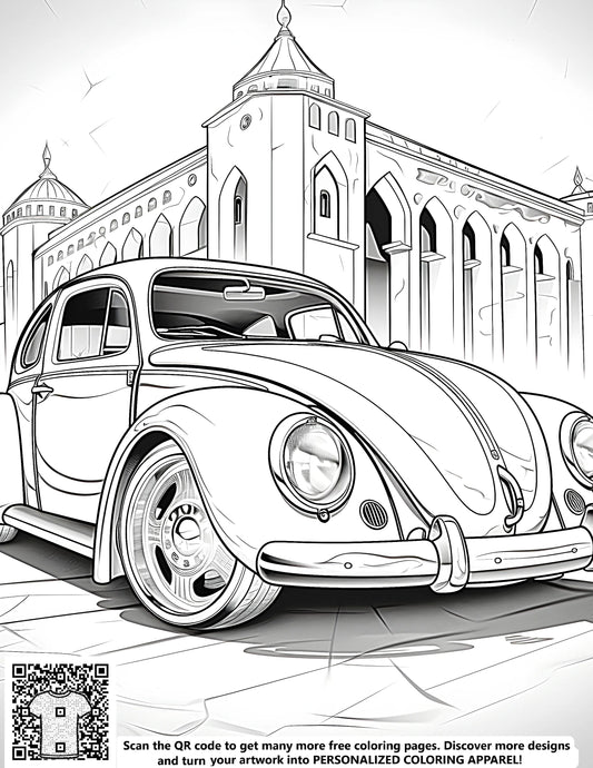 Illustration of a classic automobile in front of an old historic landmark with intricate details