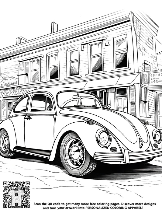 FREE Vintage Car Coloring Page - Printable Black and White City Street Scene