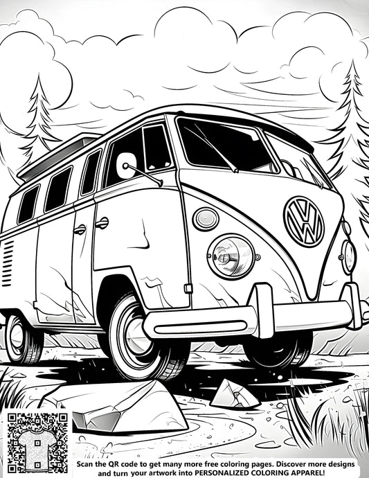 FREE Coloring Page: Classic Van Adventure Through Forest and Mountains - Download NOW