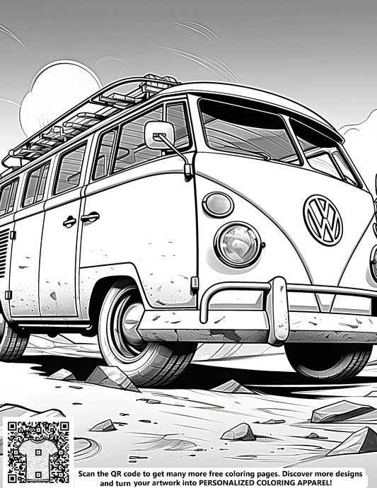 FREE Classic Volkswagen Van Coloring Page - Printable Desert Adventure Download