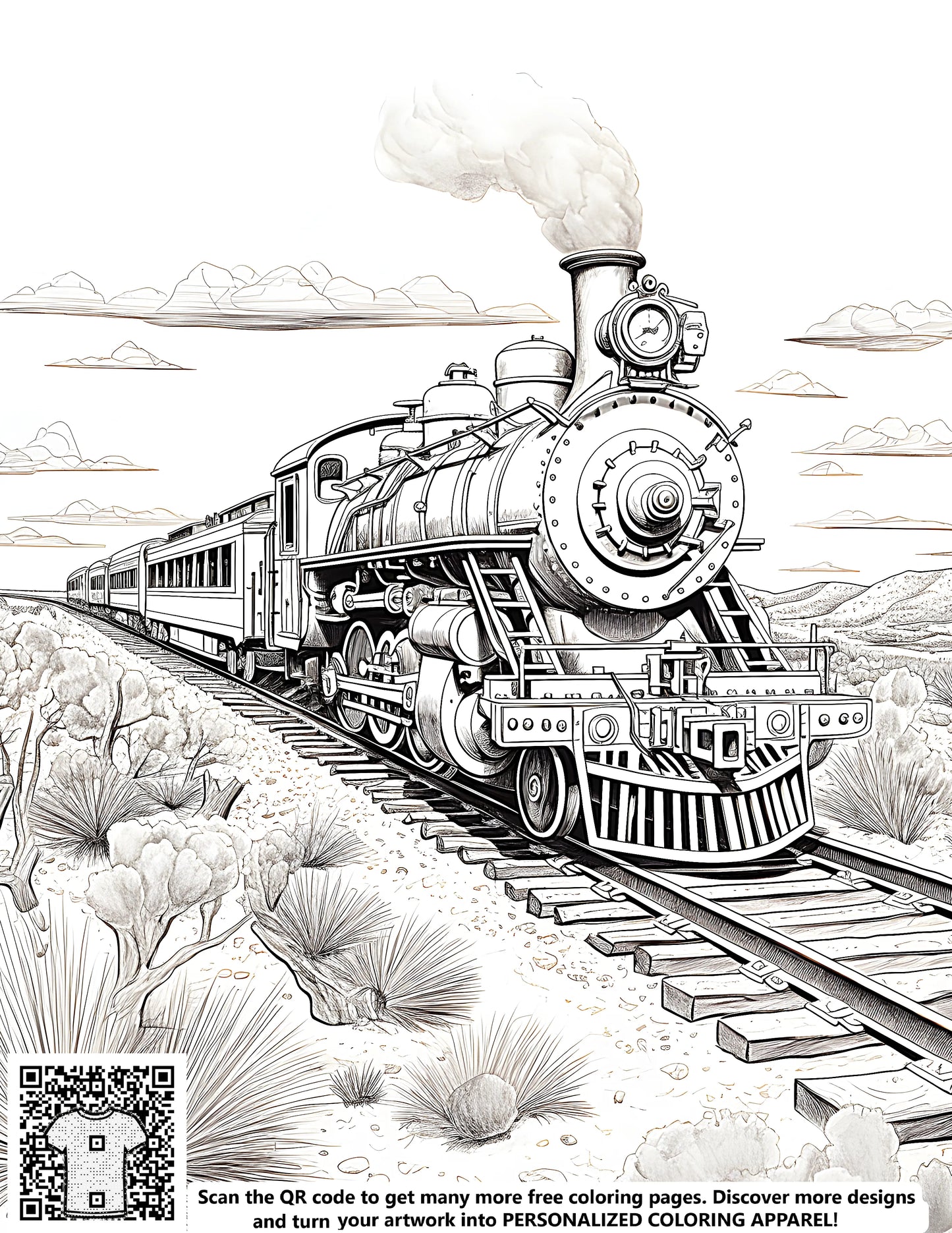 Free coloring page illustration of a steam train engine traveling through a desert landscape with clouds in the sky.