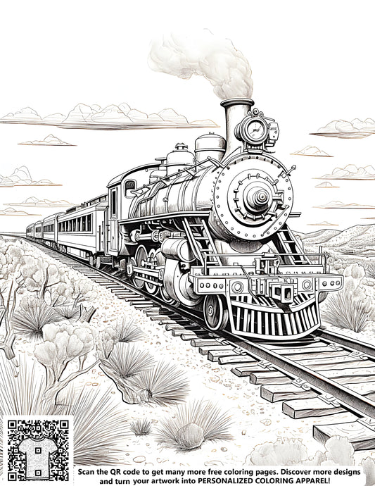 Free coloring page illustration of a steam train engine traveling through a desert landscape with clouds in the sky.