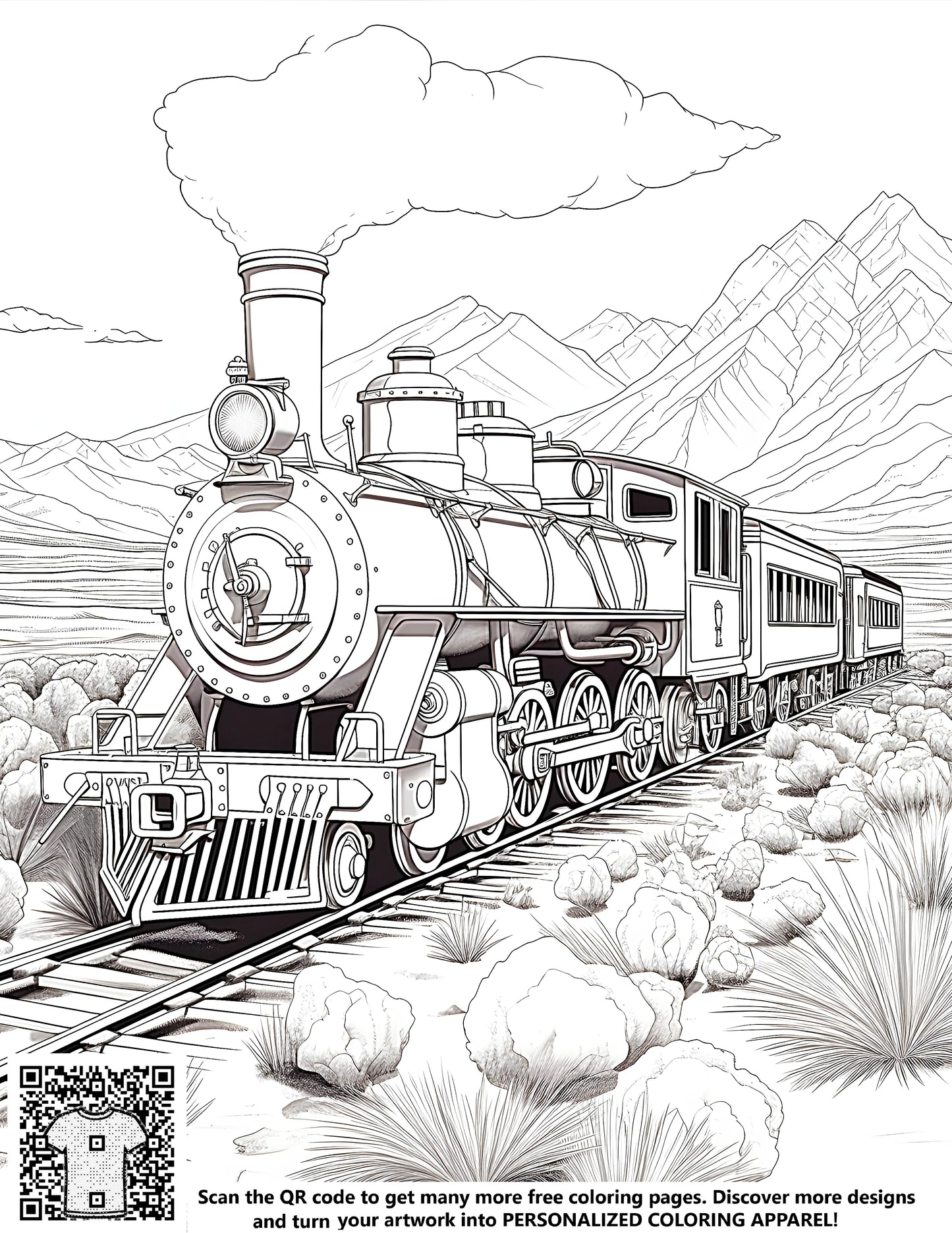 Detailed illustration of a steam train traveling through a desert landscape with mountains in the background. Perfect for coloring and customization. A free coloring page included in this kit.