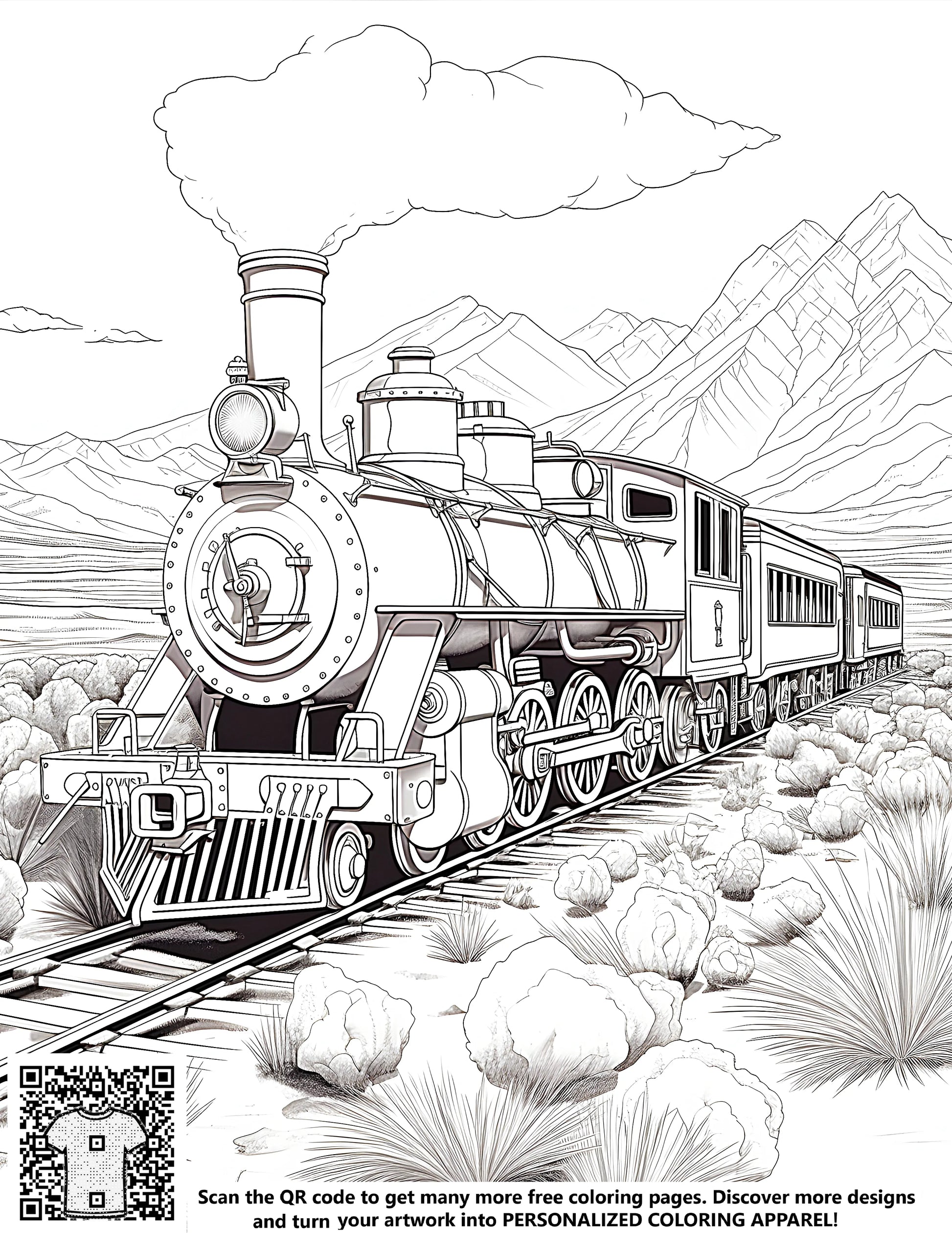 Detailed illustration of a steam train traveling through a desert landscape with mountains in the background. Perfect for coloring and customization. A free coloring page included in this kit.