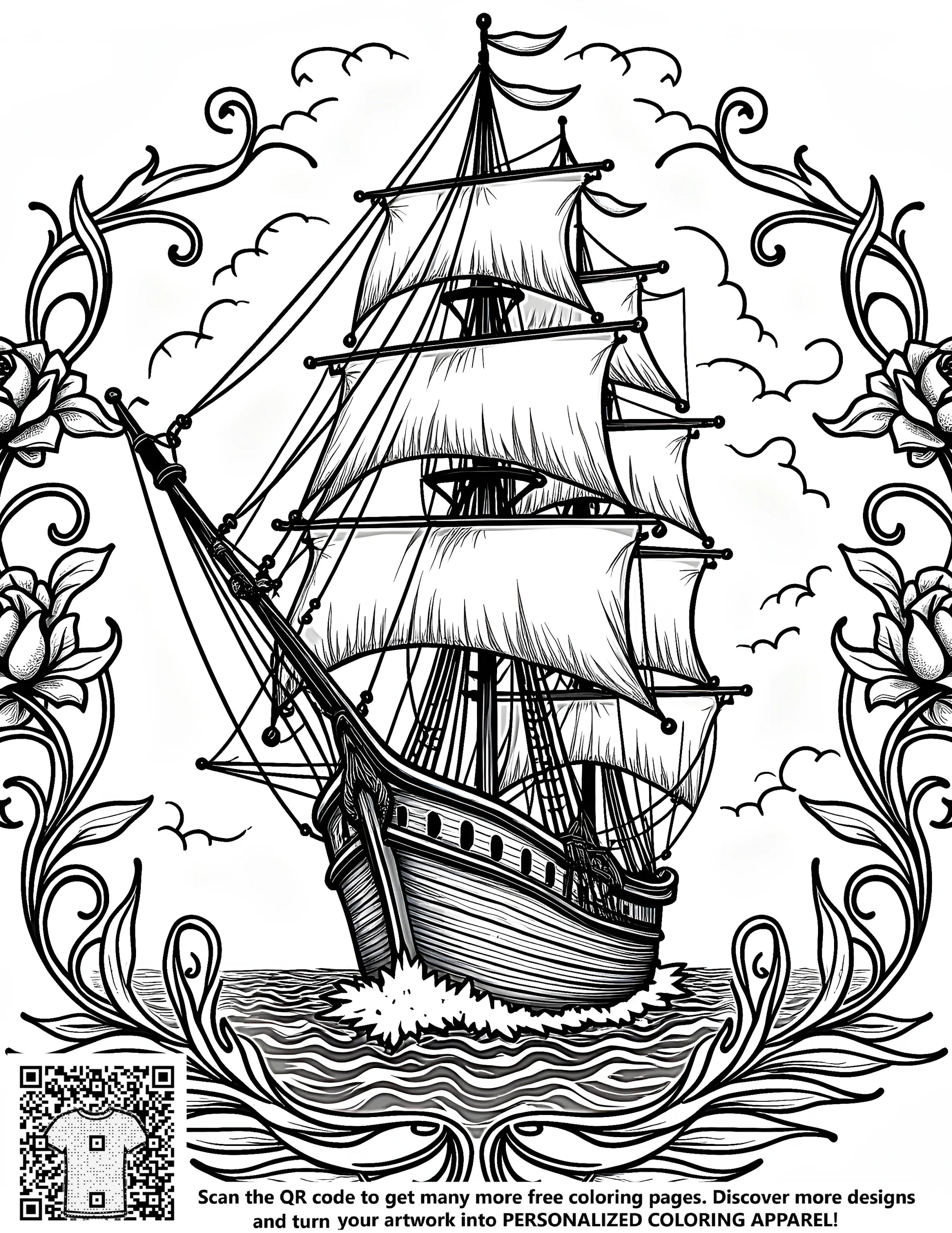 Free coloring page of a sailing vessel with intricate floral frames and a scenic water view with birds flying above, perfect for adult coloring books or kids crafts.