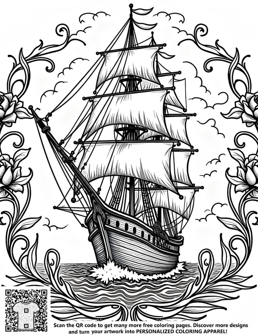 Free coloring page of a sailing vessel with intricate floral frames and a scenic water view with birds flying above, perfect for adult coloring books or kids crafts.