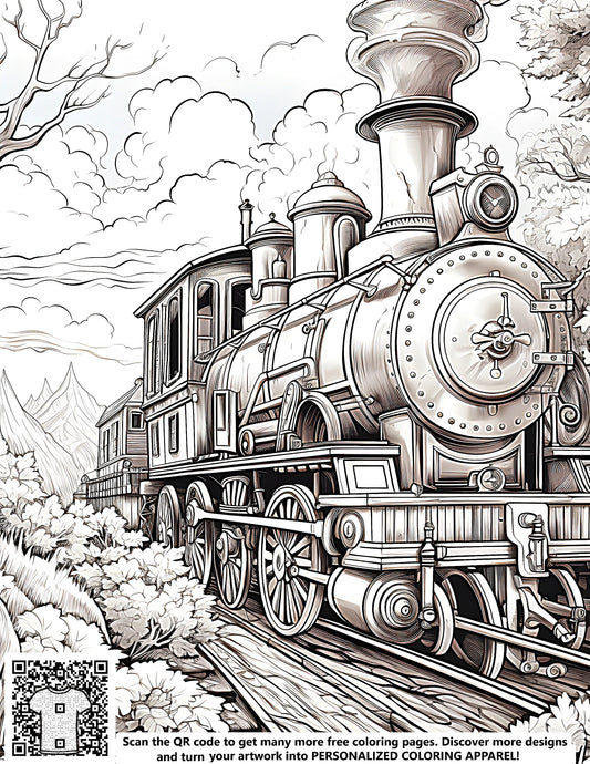 Vintage locomotive illustration with countryside scenery