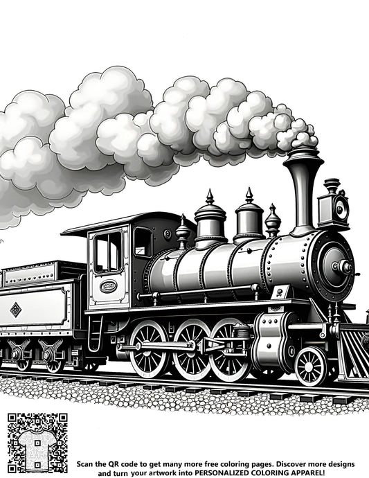 Detailed illustration of a classic locomotive with intricate features and billowing smoke