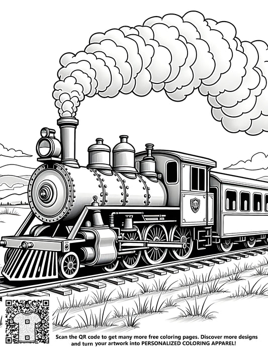 A detailed illustration of a vintage steam train, locomotive engine, or iron horse on a free coloring page design. Scenic countryside landscape with mountains and clouds backdrop.