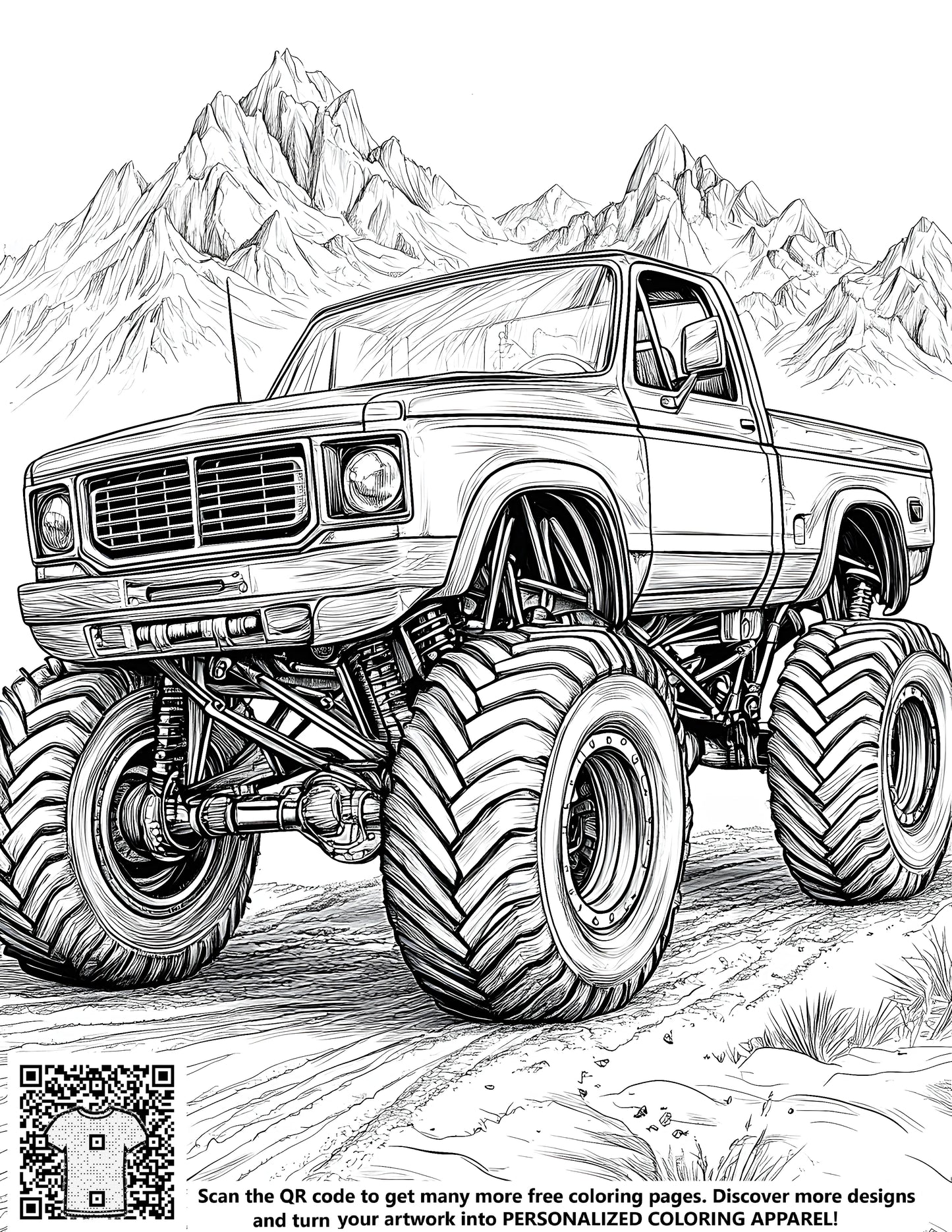 Detailed drawing of a monster truck with oversized tires set in a mountainous landscape. Perfect for fans of rugged terrain adventures and extreme vehicles.
