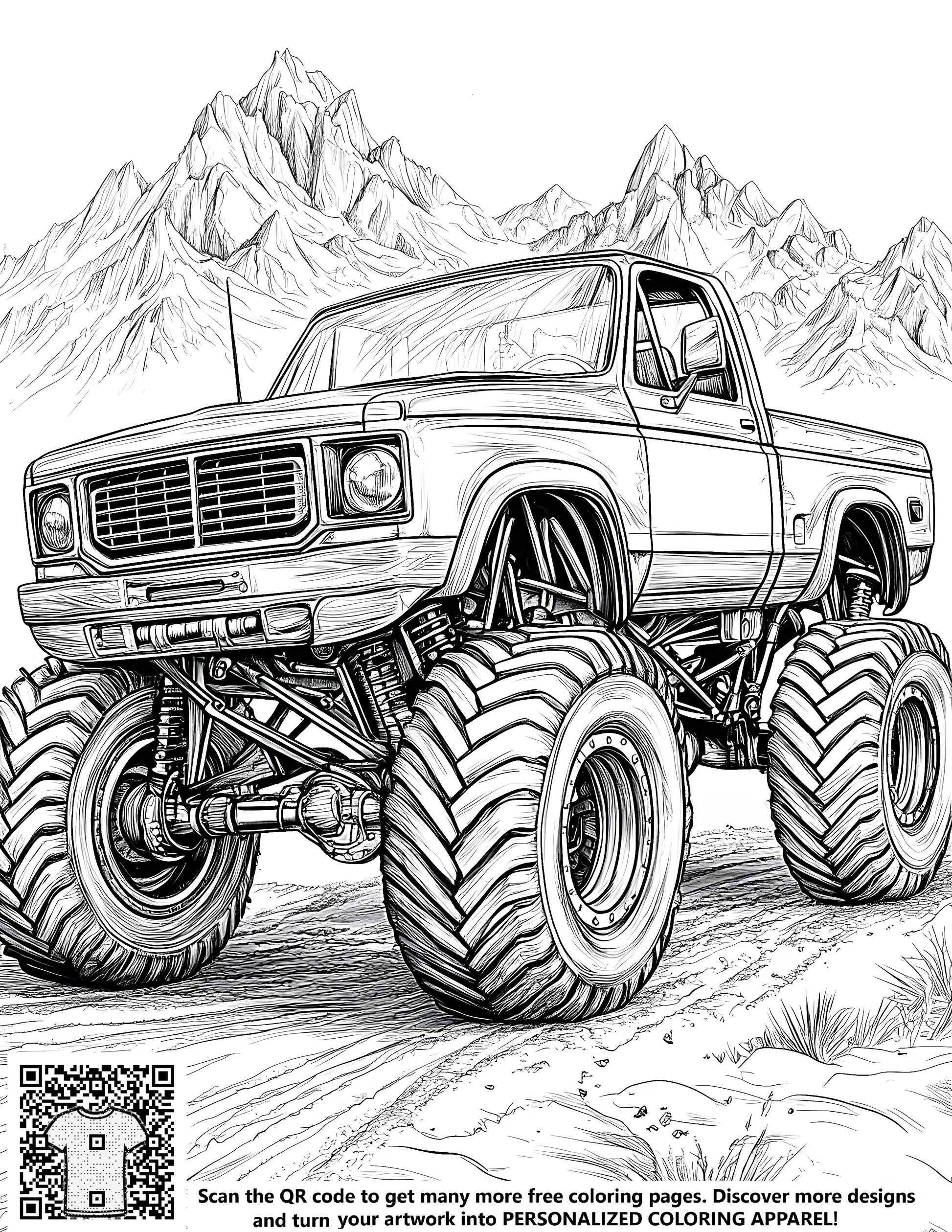 Detailed drawing of a monster truck with oversized tires set in a mountainous landscape. Perfect for fans of rugged terrain adventures and extreme vehicles.