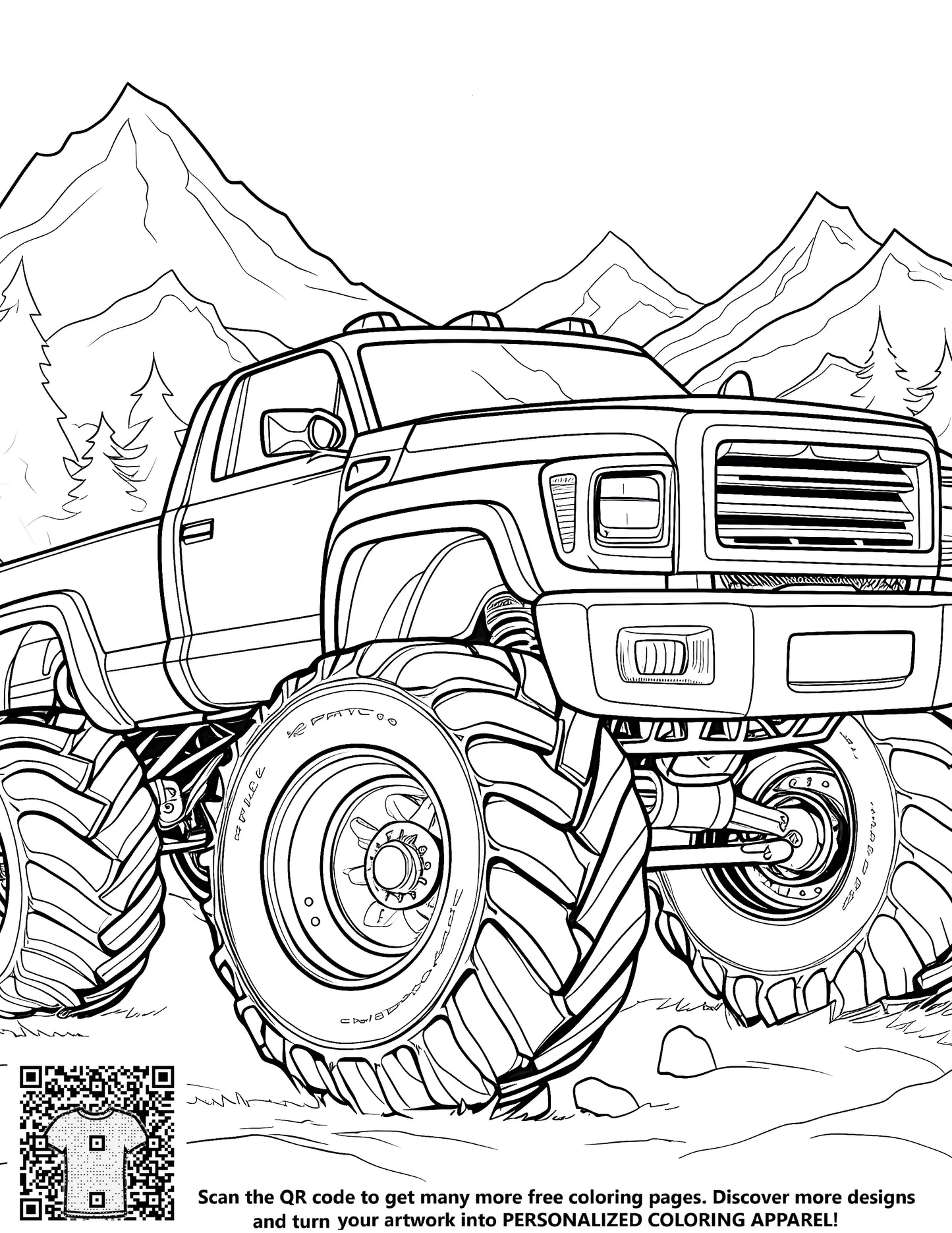 Coloring page of a rugged off-road monster truck driving through mountains and trees