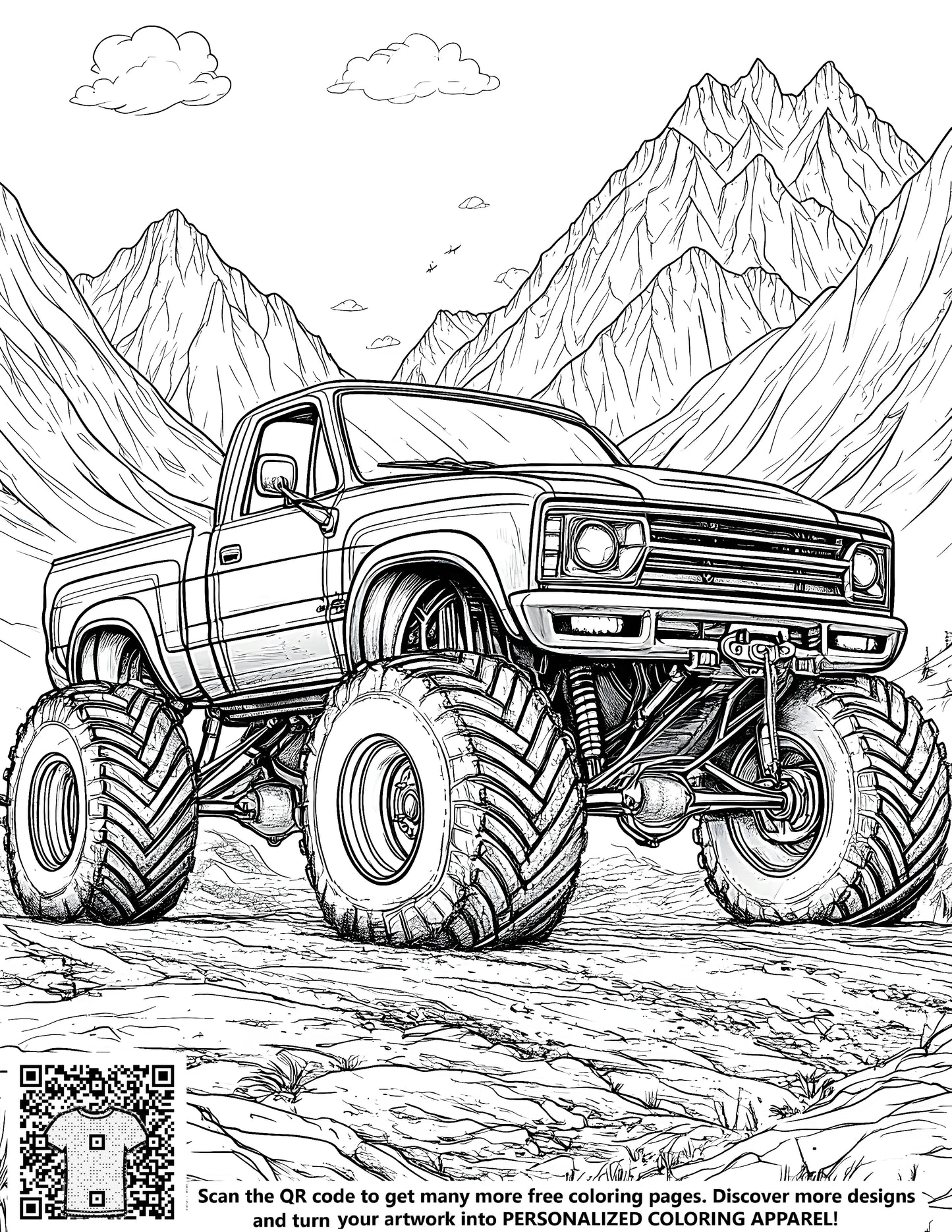 Coloring page illustration of a detailed drawing of a monster truck with large wheels set against a backdrop of mountains and clouds. Includes free coloring pages for kids.