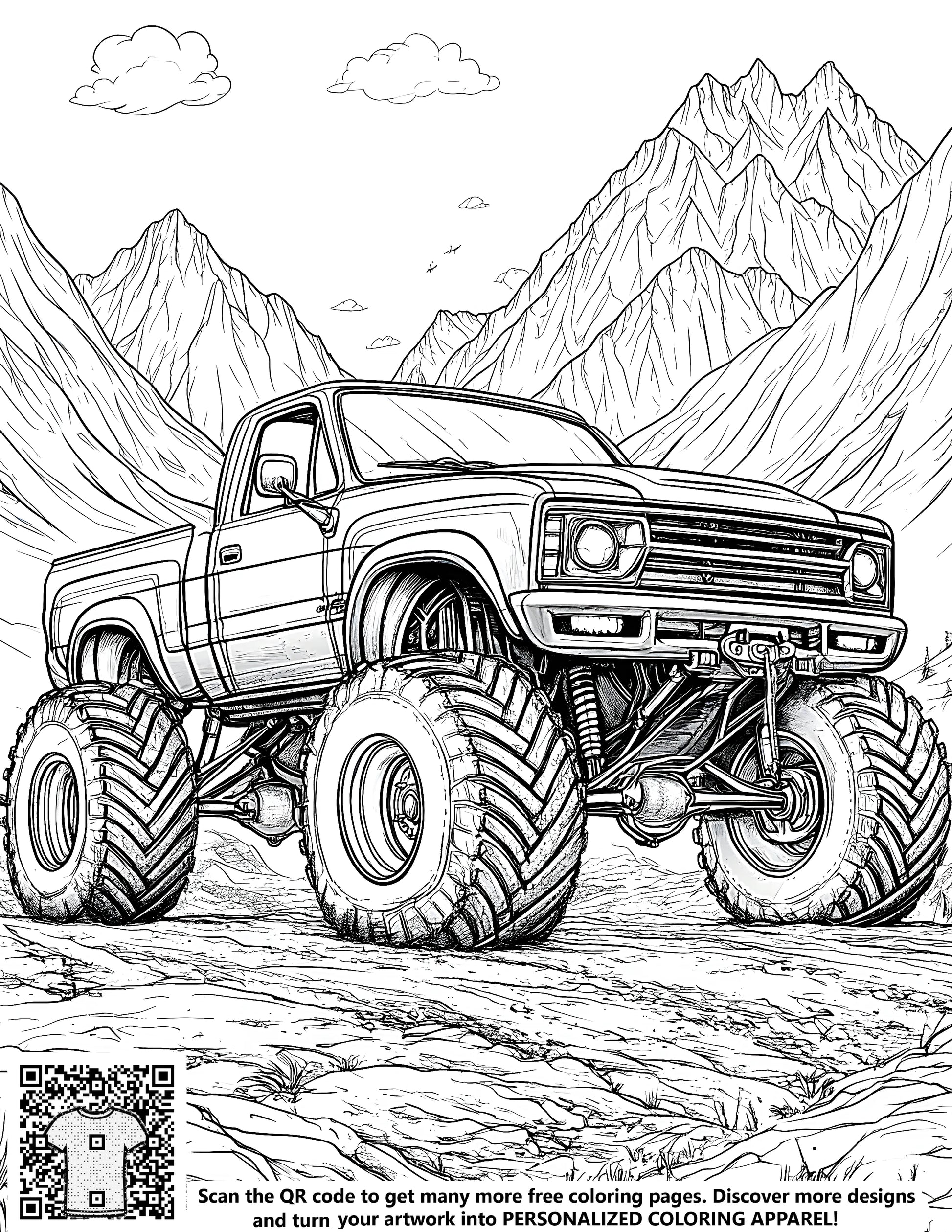 Coloring page illustration of a detailed drawing of a monster truck with large wheels set against a backdrop of mountains and clouds. Includes free coloring pages for kids.