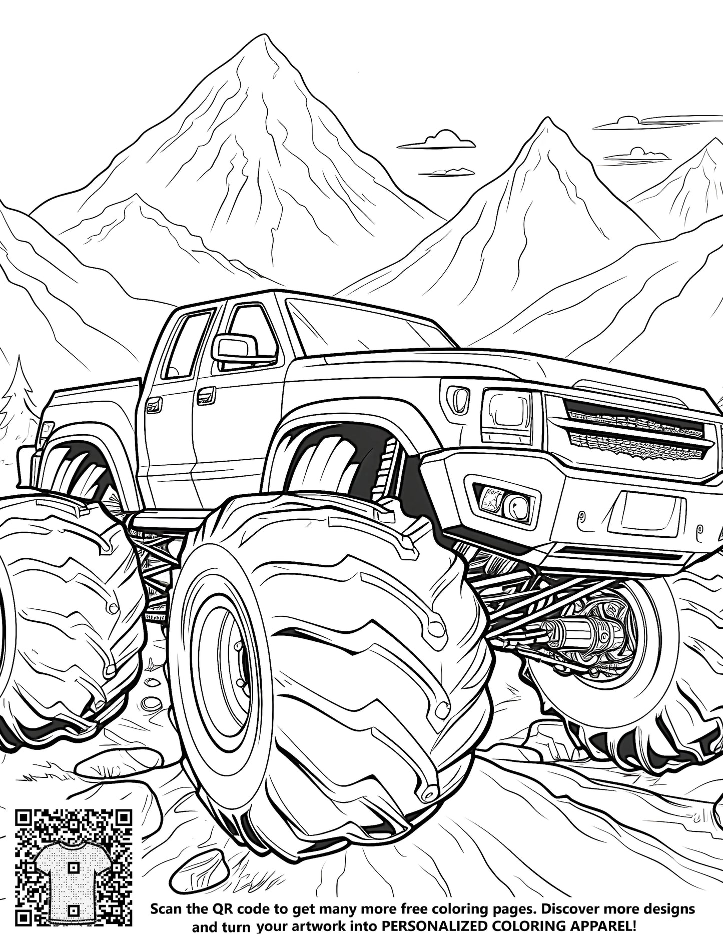 Monster truck off-road adventure coloring page, free printable art