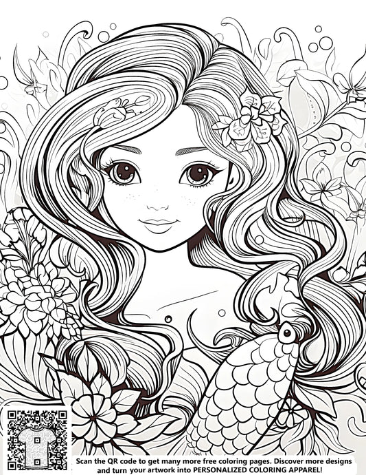 FREE Mermaid Coloring Page - Detailed Black and White Illustration with Flowing Hair and Floral Elements - Download NOW