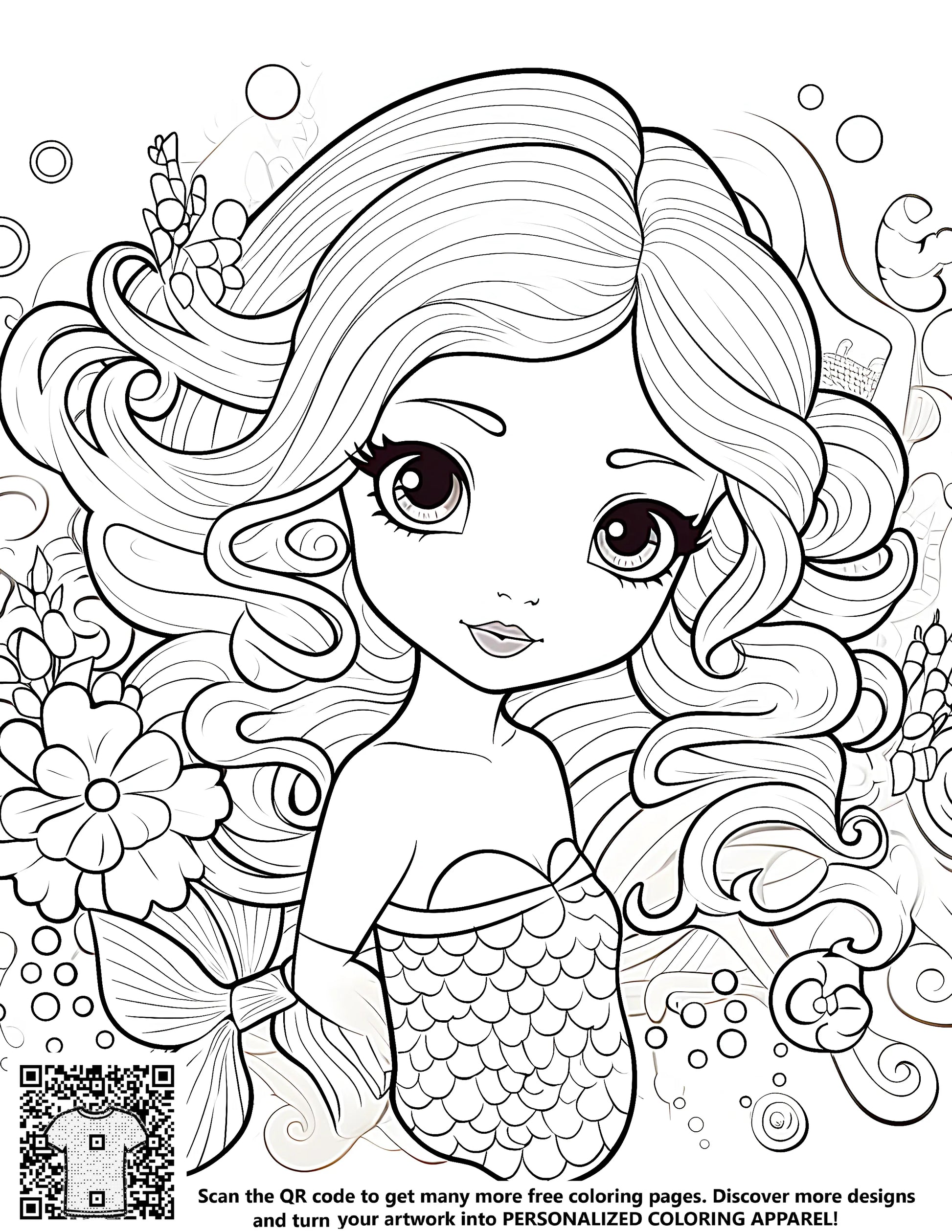 A beautiful mermaid illustration with vibrant flowers and bubbles in an enchanting ocean scene from a free coloring page