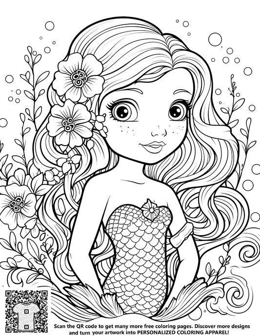 FREE Mermaid Coloring Page - Detailed Black and White Illustration with Long Hair and Flowers - Printable Download