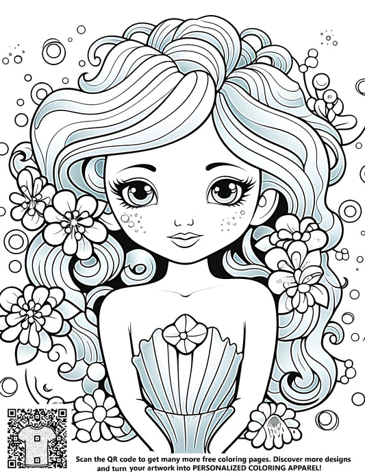 FREE Mermaid Coloring Page - Beautiful Mermaid with Flowing Hair and Bubbles - Printable Download