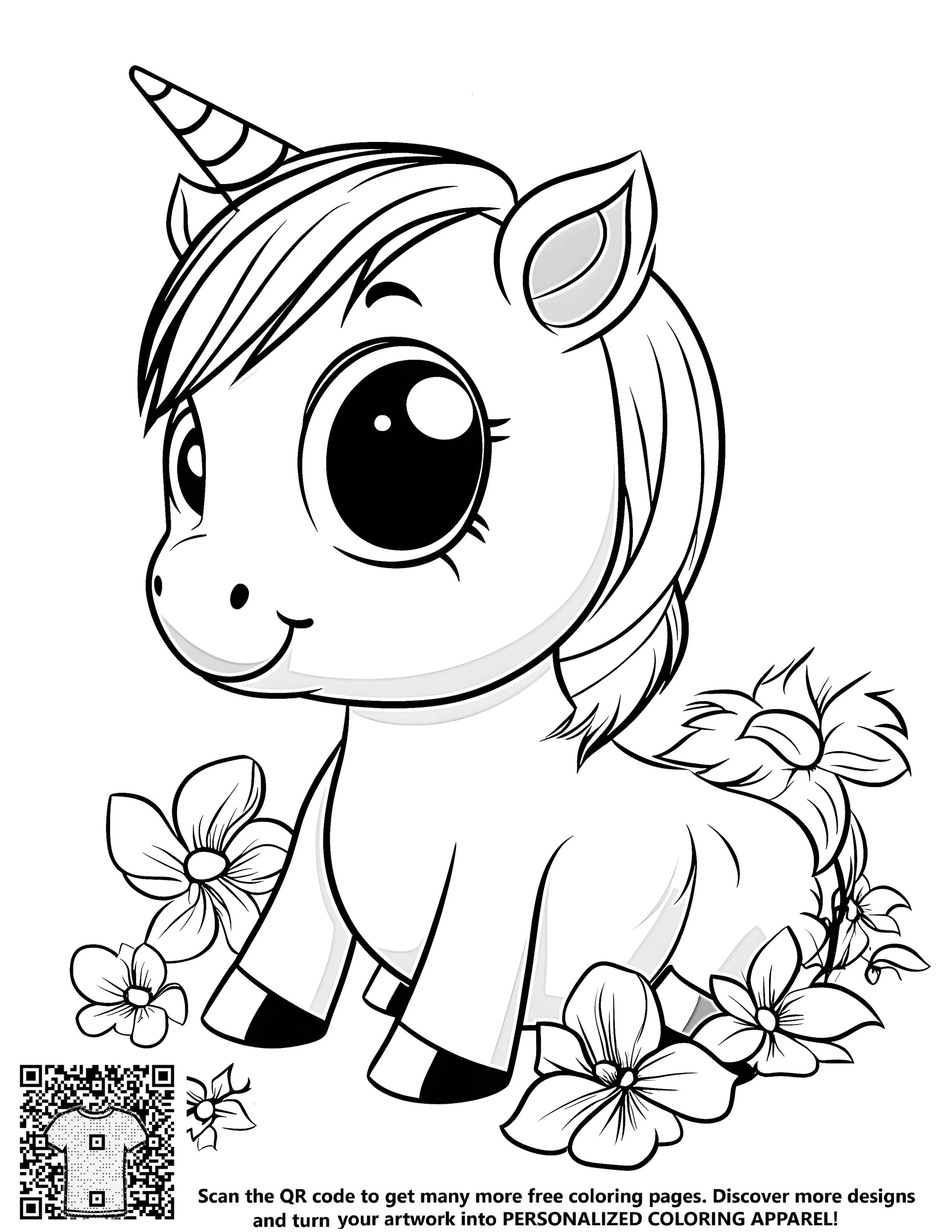 Coloring page art of a lovely horse mythical creature with flowers, kids crafts, free printable