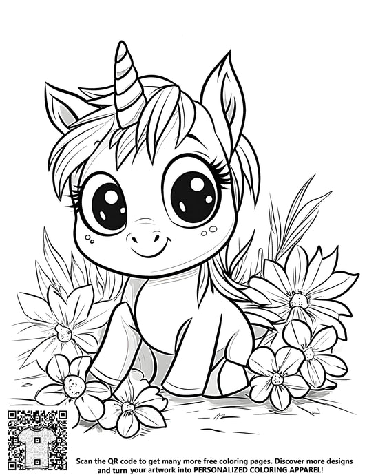 FREE Baby Unicorn Coloring Page - Adorable Cartoon with Flowers - Download NOW