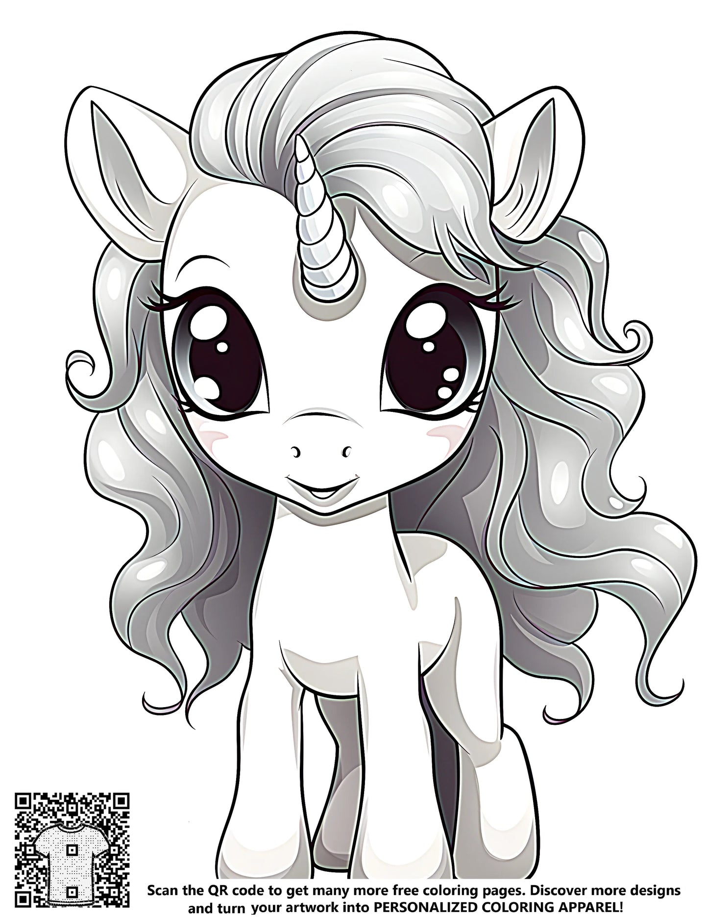 A colorful free coloring page featuring an adorable mythical unicorn with big eyes and curly hair on a white background