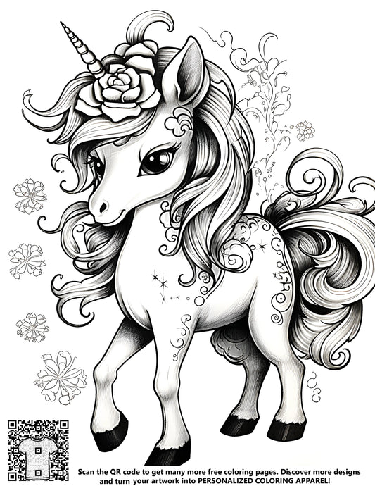 Detailed illustration of a mythical horse with colorful flowers