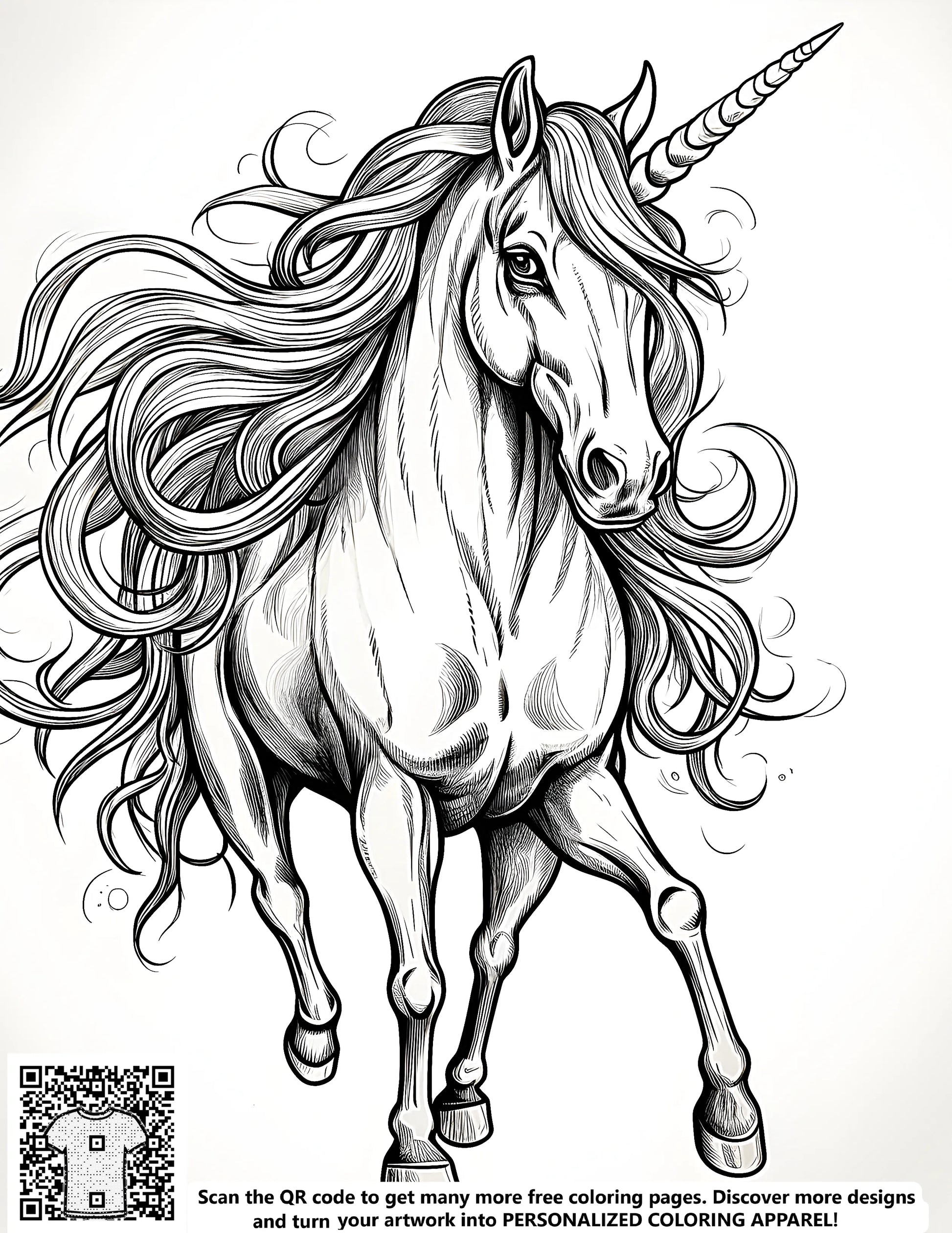 Majestic horse coloring page art, detailed illustration of a unicorn with flowing mane and horn, free coloring kit
