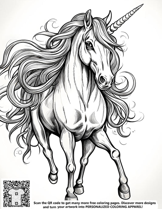 Majestic horse coloring page art, detailed illustration of a unicorn with flowing mane and horn, free coloring kit