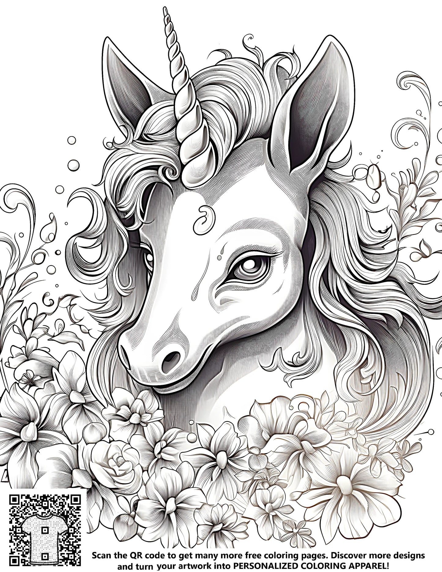 Coloring page featuring an elegant unicorn illustration amidst colorful flowers