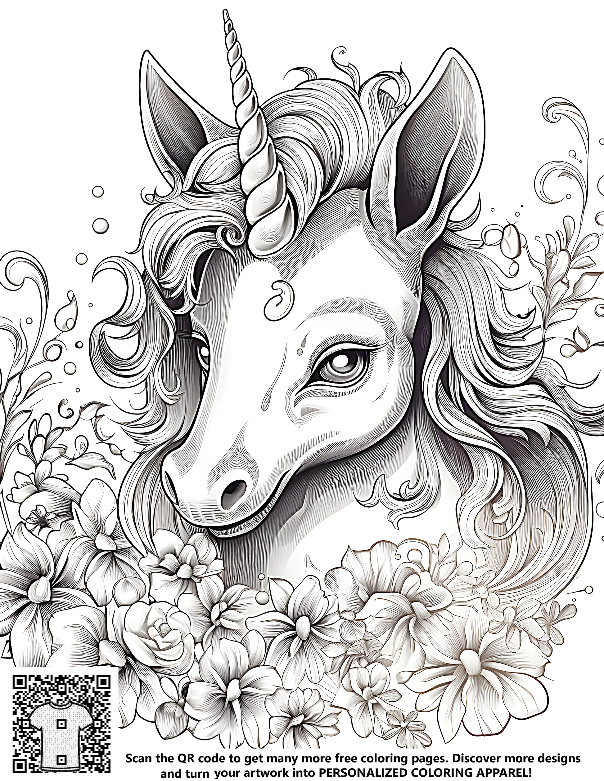 Coloring page featuring an elegant unicorn illustration amidst colorful flowers