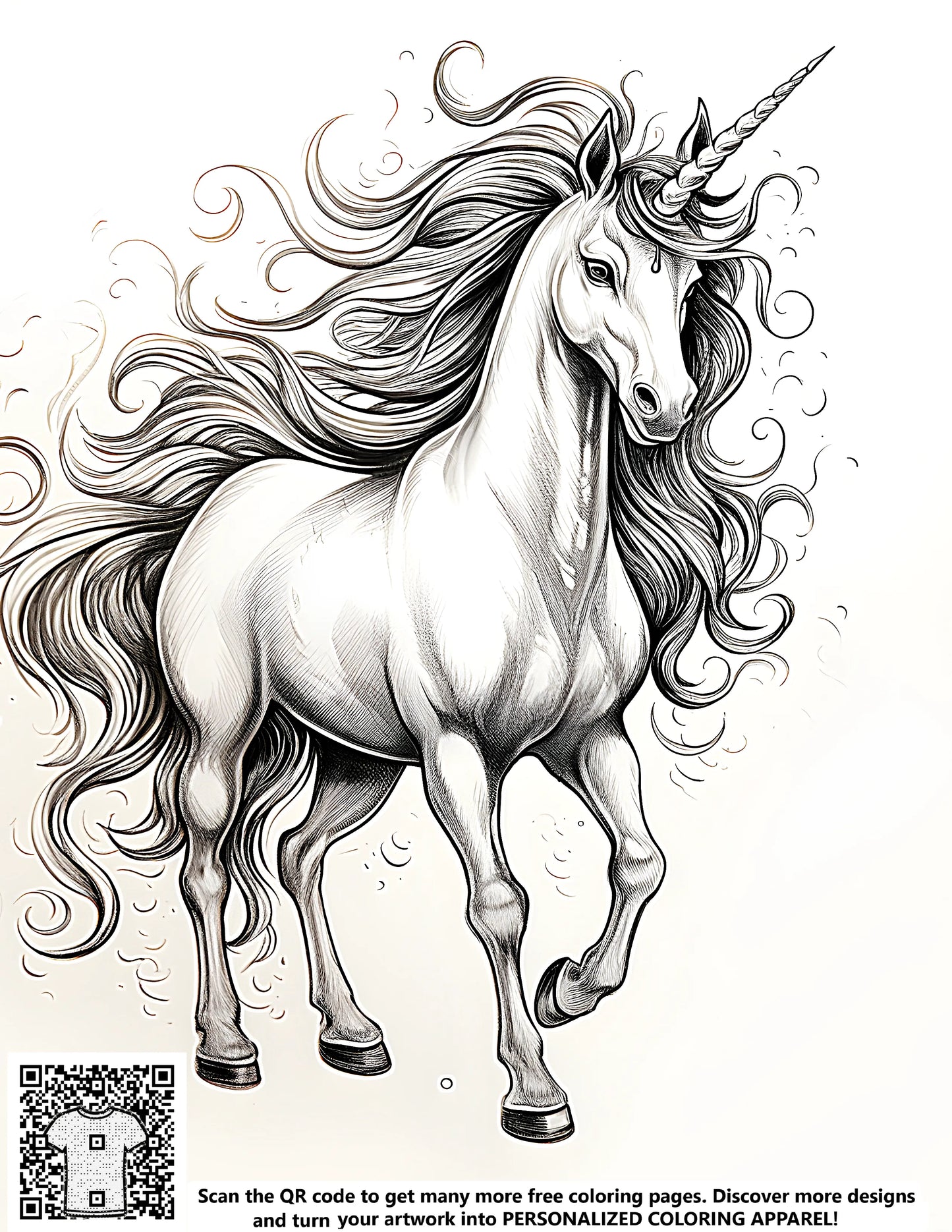 Magical horse illustration, mythical equine art, free coloring page for kids
