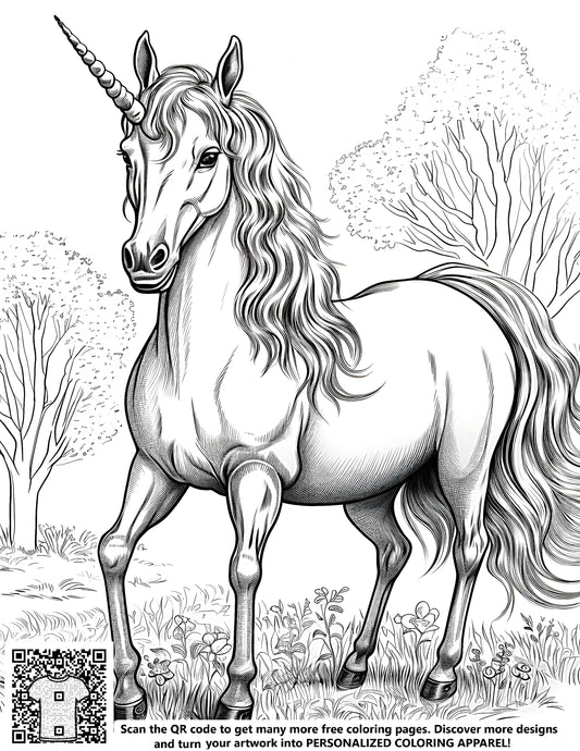 Black and White Unicorn Illustration, Free Fantasy Coloring Page, Enchanted Forest Scene, Whimsical Art