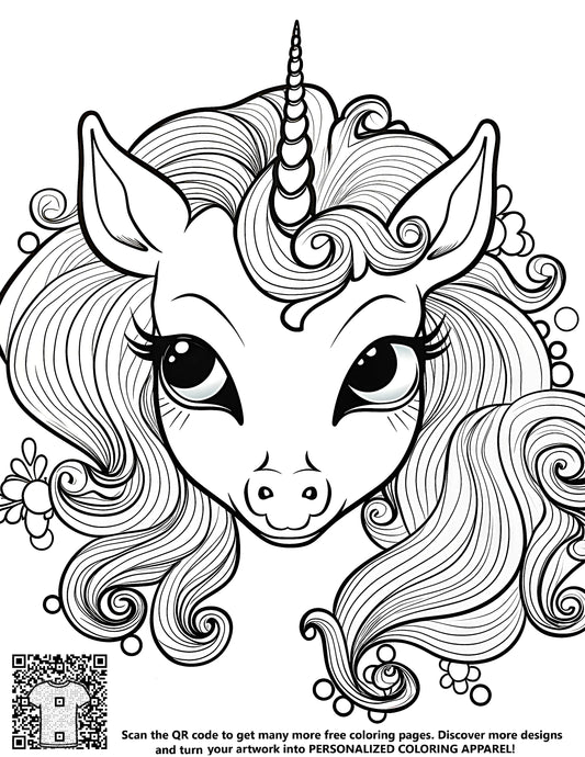 Colouring book page of cute unicorn's head, fabric marker drawing