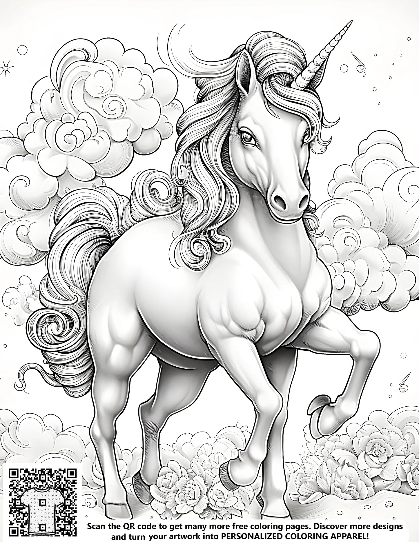 Majestic horse illustration, coloring page art, magical unicorn design, fluffy cloud picture, floral scene, fantasy ambiance, creative activity for kids and adults