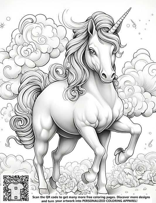 Majestic horse illustration, coloring page art, magical unicorn design, fluffy cloud picture, floral scene, fantasy ambiance, creative activity for kids and adults