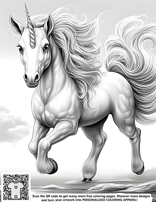 Majestic unicorn coloring pages, detailed illustration of a regal horse, beautiful free coloring kits, vibrant fabric markers included