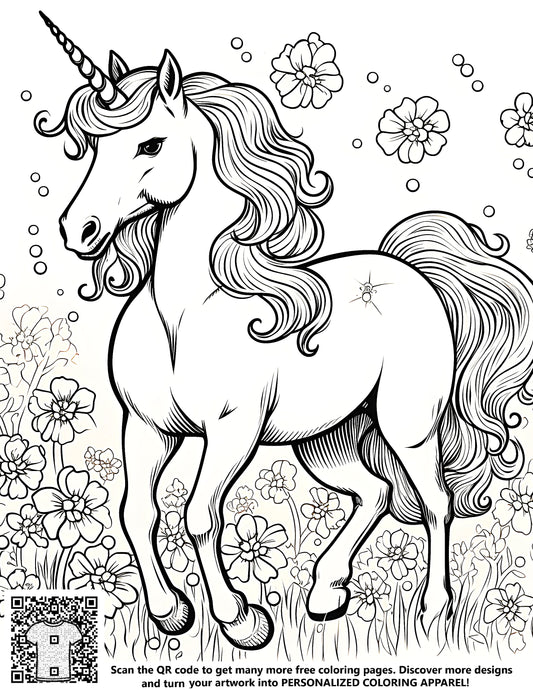 Free coloring page illustration of a unicorn in a flower field with magical details